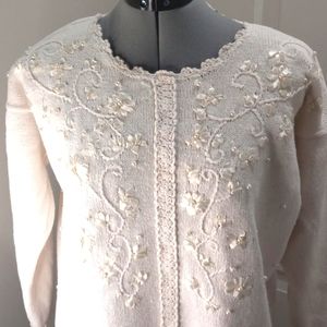 Jessica Steven's Ribbon & Pearl Sweater White